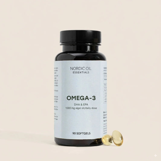 Nordic Oil Essentials Omega-3 -kapselit pullossa, etiketti DHA & EPA ja 1000 mg algal oil, 90 pehmeää kapselia