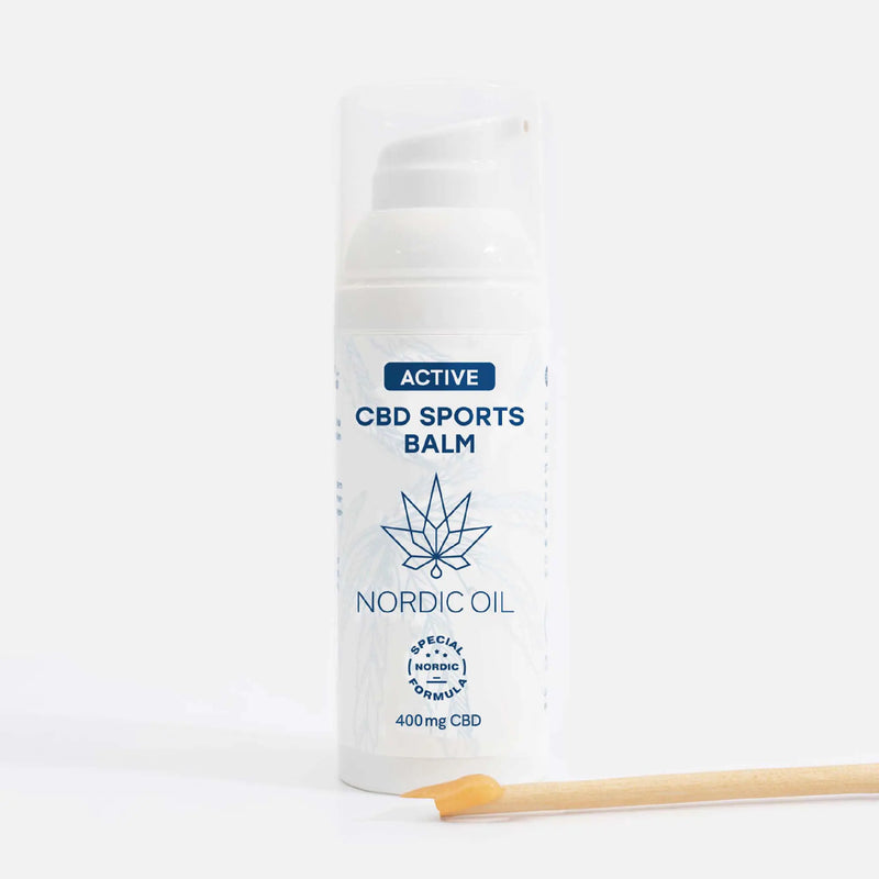 Active CBD Sports Balm - Nordic Oil -urheilurasva pullossa, valkoinen etiketti ja 400 mg CBD