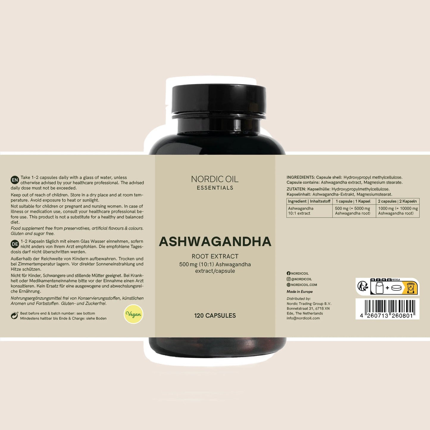 Nordic Oil Essentials Ashwagandha -juuriextraktin kapselipurkki, 120 kapselia