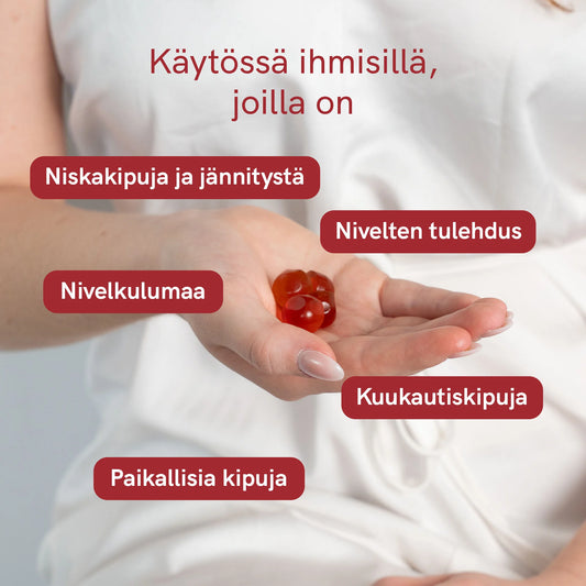 Käsi, jossa punaisia CBD-kapseleita; kiputilaisuuksiin liittyvää infografiikkaa