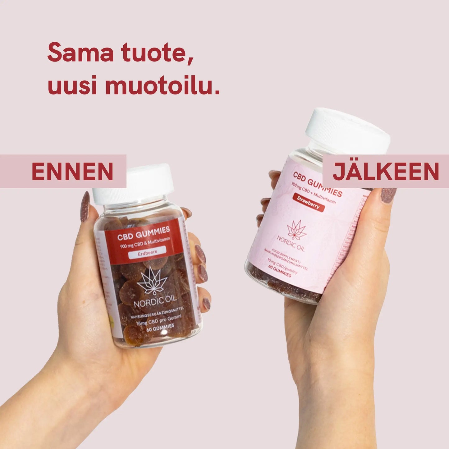 Kaksi Nordic Oilin CBD Gummies -pulloa kädessä, taustalla tekstit Ennen ja Jälkeen.