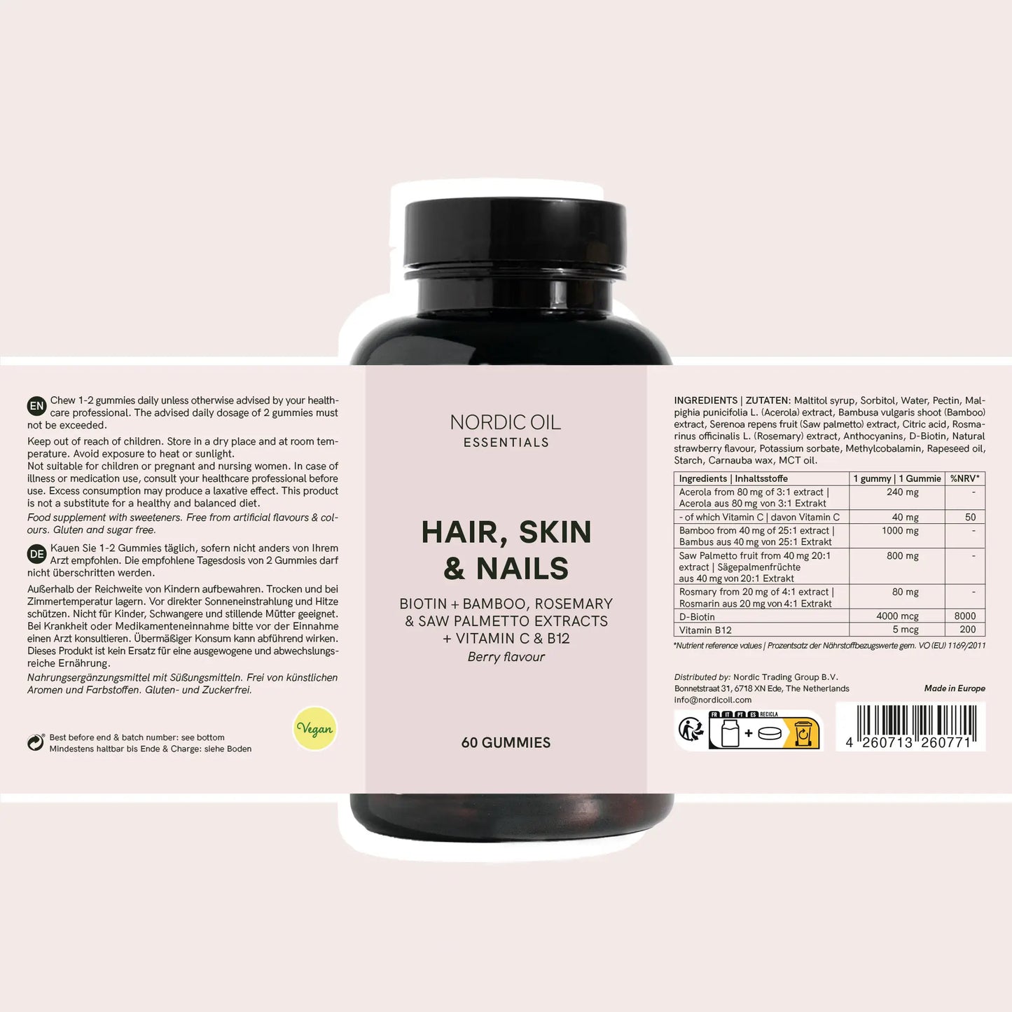 Nordic Oil Essentials Hair, Skin & Nails -purukumeja (60 kpl) marjaisella maulla; sisältää biotiinia, bambua, rosmariinia ja saw palmetto -uutteita sekä C- ja B12-vitamiineja.