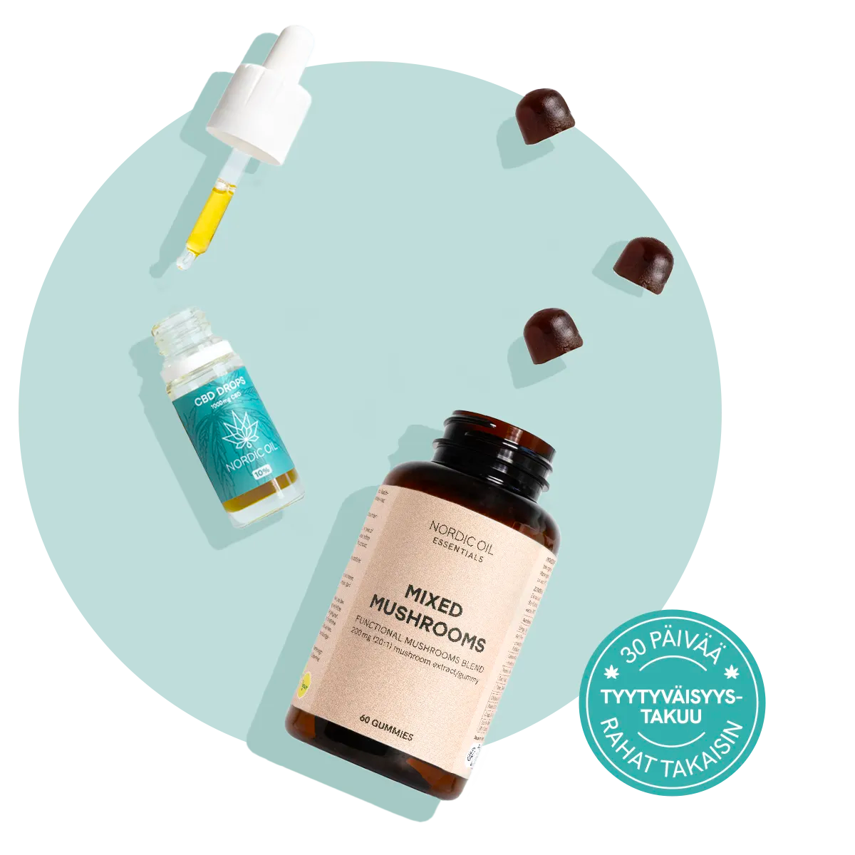 Nordic Oil CBD-tippopullo ja Mixed Mushrooms -lisäravinteiden purkki vaalean turkoosilla taustalla sekä tyytyväisyystakuumerkki.