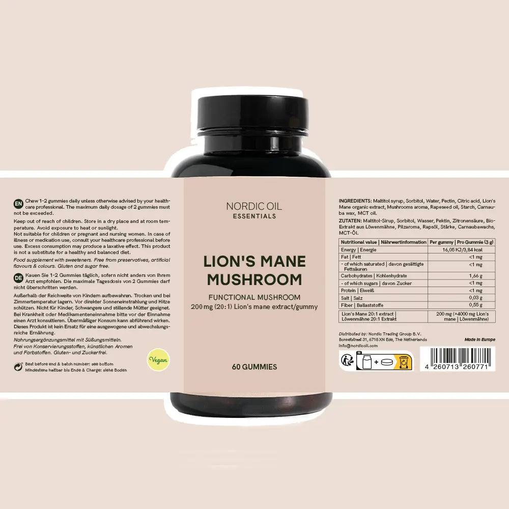 Nordic Oil Essentials Lion's Mane Mushroom -etiketti ja purkki (60 Gummies)