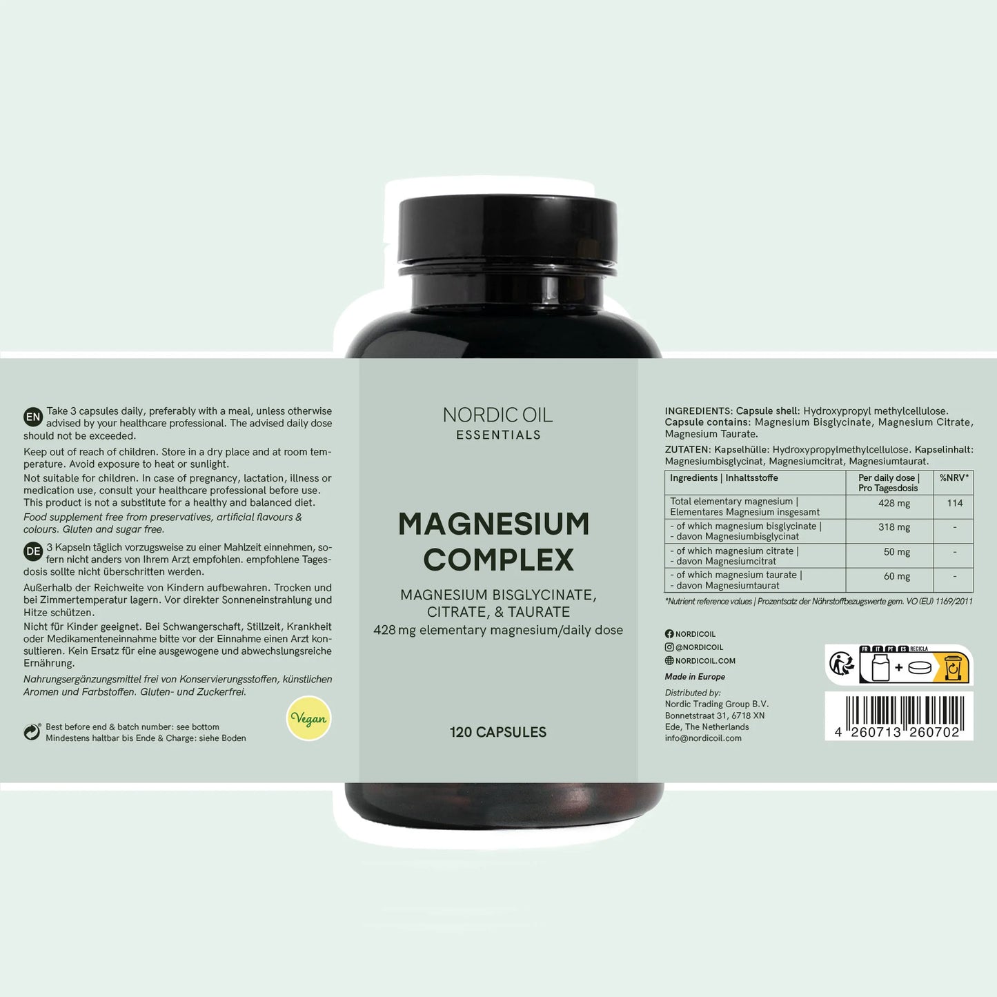 Nordic Oil Essentials Magnesium Complex - 120 kapselia, magnesiumbisglycinaatti, sitraatti ja tauraatti