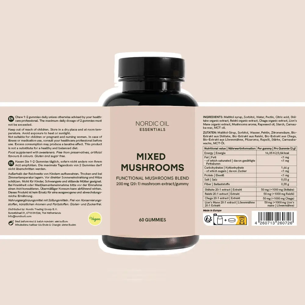 Pullo Nordic Oil Essentials Mixed Mushrooms - toiminnallinen sienisekoitus, 60 purukumia