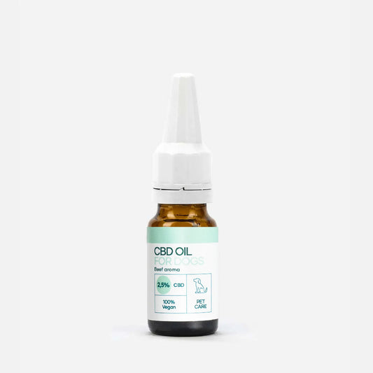 Koirille tarkoitettu CBD-öljy pullossa, Beef aroma, 2,5% CBD.