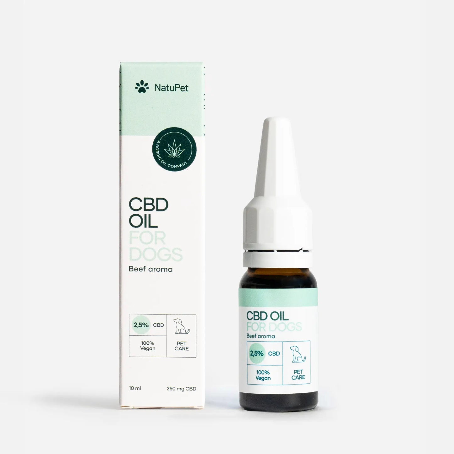 NatuPet CBD-öljy koirille, Beef aroma - pakkauksessa ja tiputuspullossa