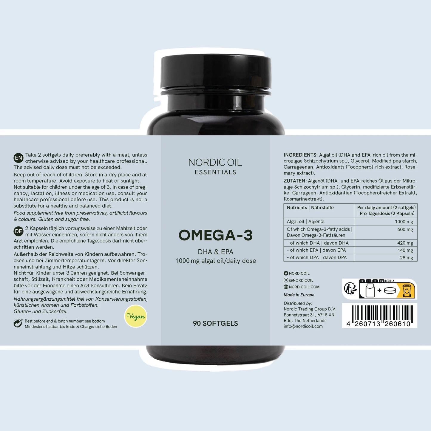 Nordic Oil Essentials Omega-3 -kapselipurkki etiketteineen
