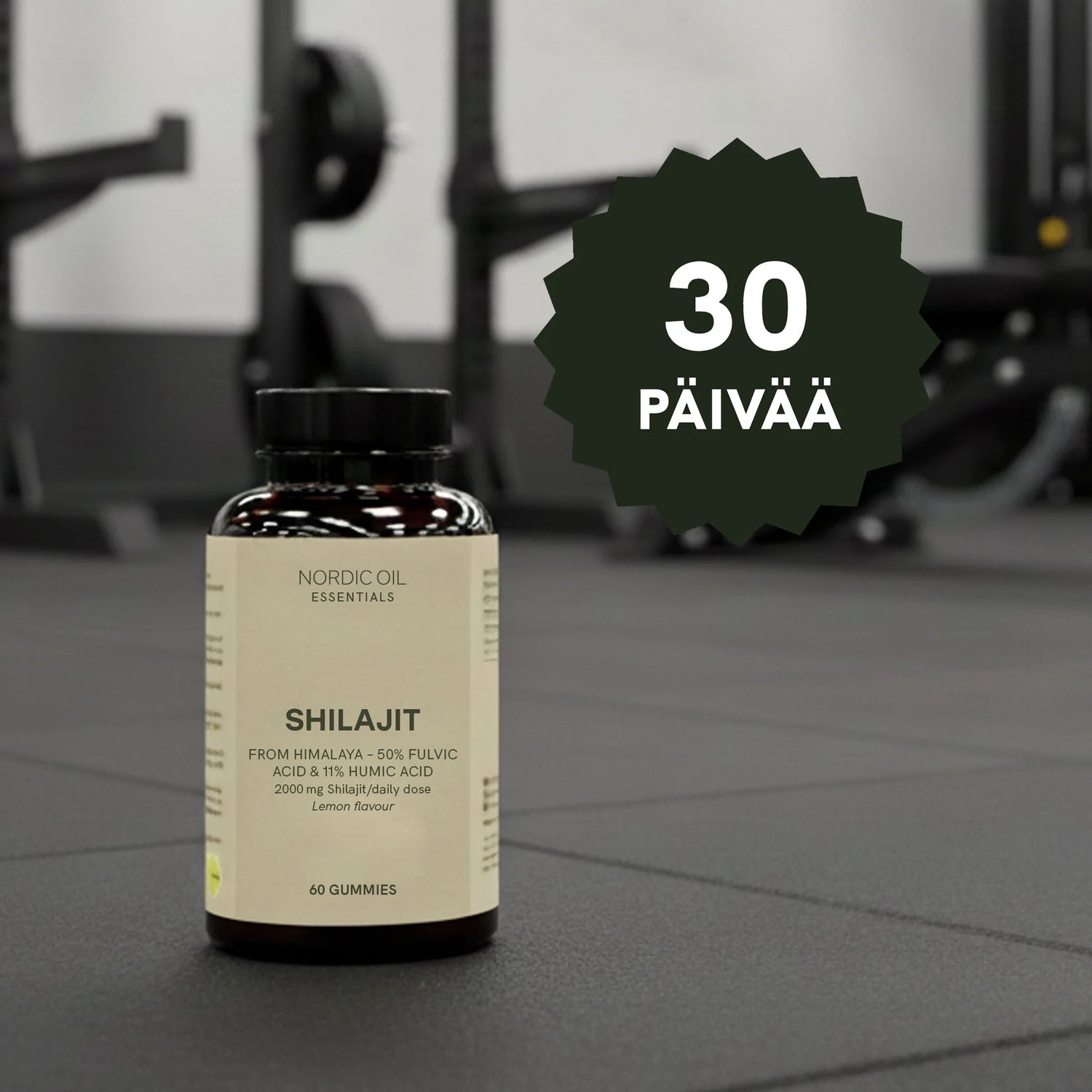 Nordic Oil Essentials Shilajit, 60 Gummies, sitruunan maku, 30 päivän tarjous treenisalilla taustalla