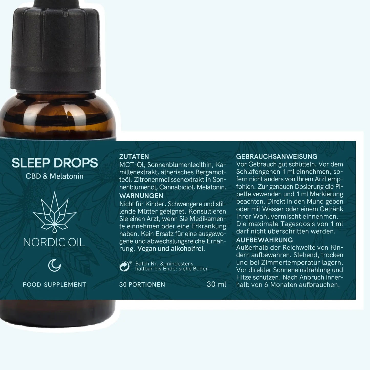 Pullo Nordic Oil Sleep Drops CBD ja Melatoniini -etiketti näkyvissä.