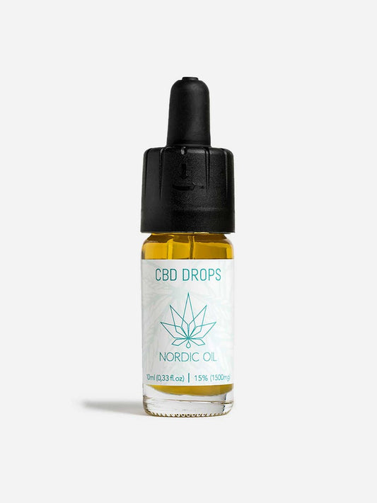 CBD Drops Nordic Oil -tippipullo, etiketti hampunlehti-kuviolla