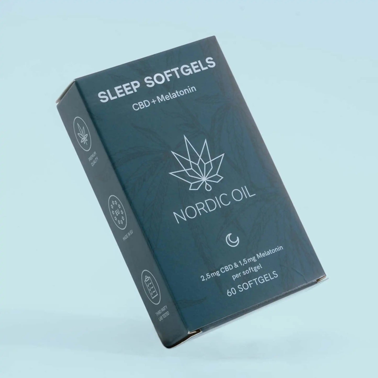 cbd ja melatoniini kapselit laatikko sinisellä taustalla