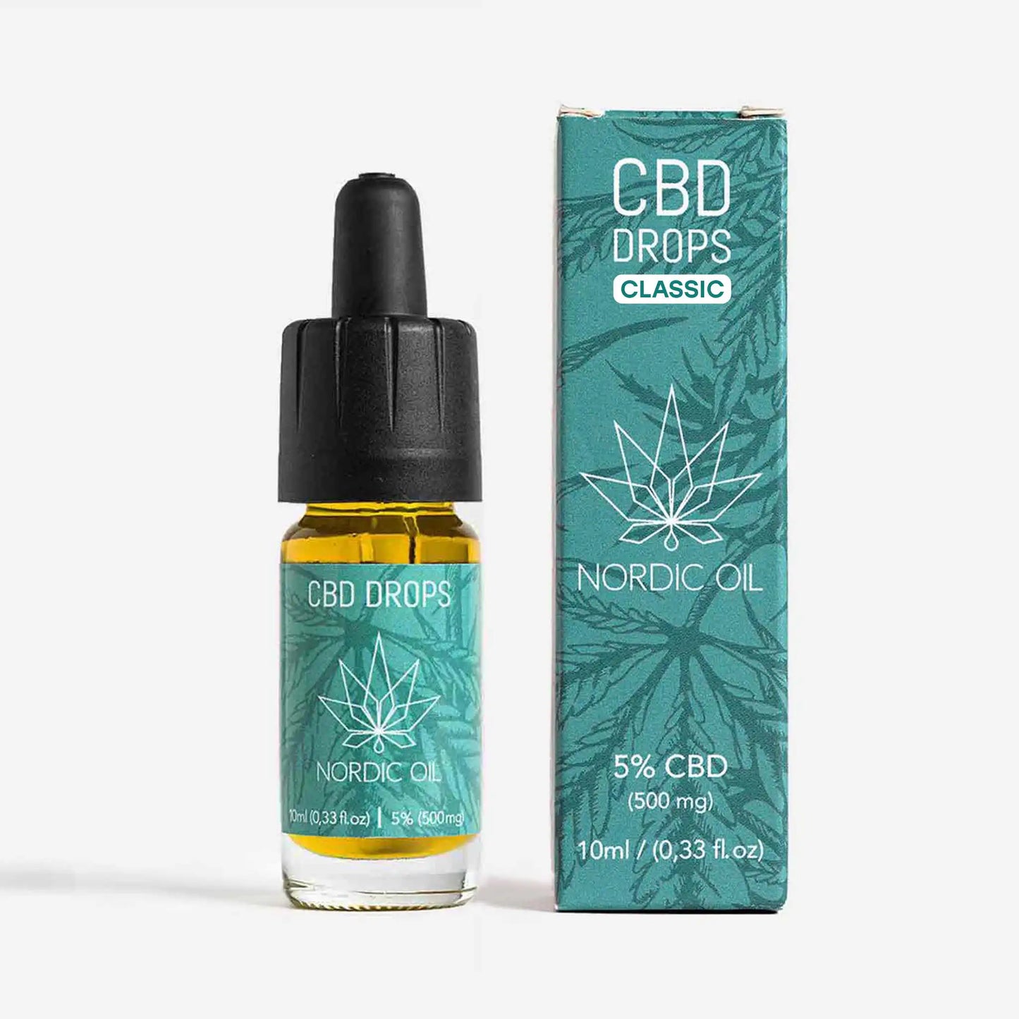 Pullo laajakirjoista CBD-öljyä 5% Nordic Oililta pakkauksineen