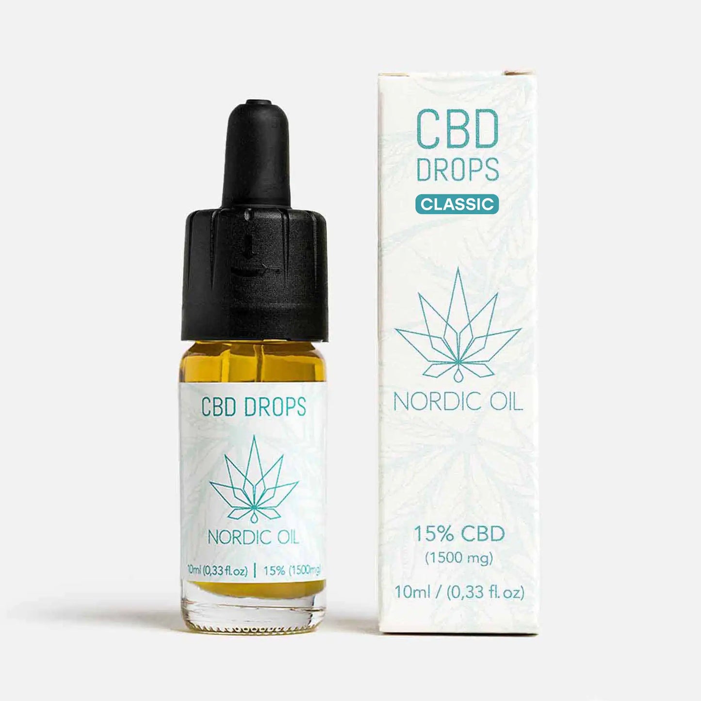Pullo laajakirjoista CBD-öljyä 10% Nordic Oililta pakkauksineen