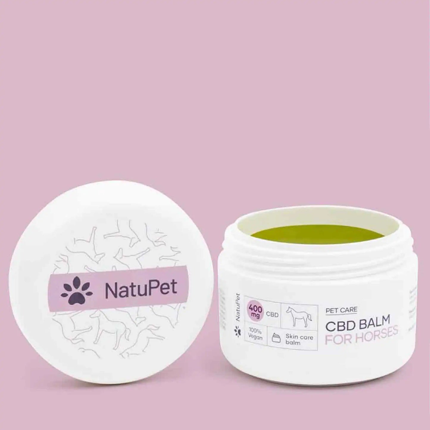 CBD Balm hevosille - avoin pakkaus, jossa on vaaleanpunainen reppu.