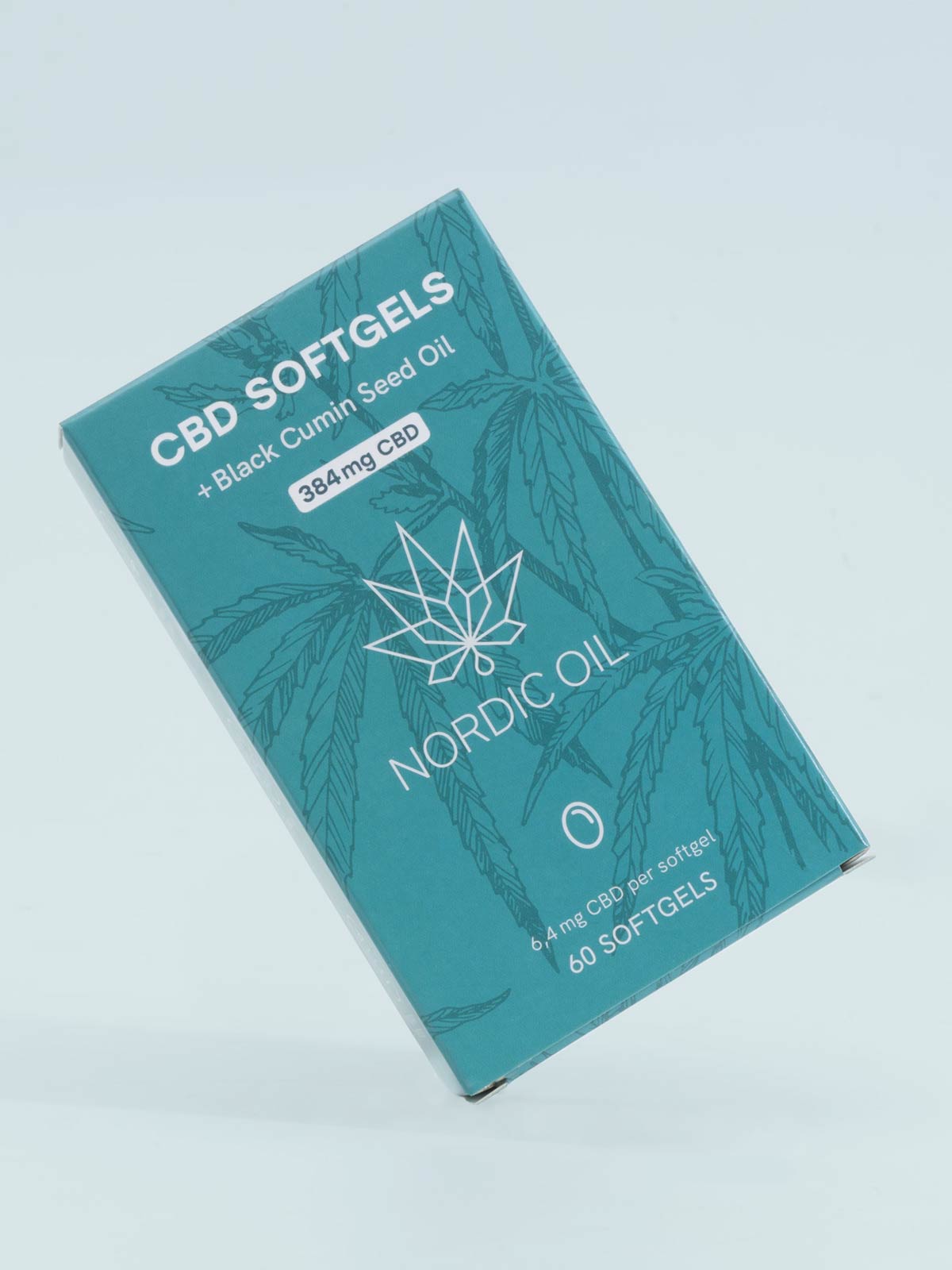 CBD-kapselin (384mg) - kestotilaus -pakkaus on vasemmassa reunassa sinisellä pohjalla.
