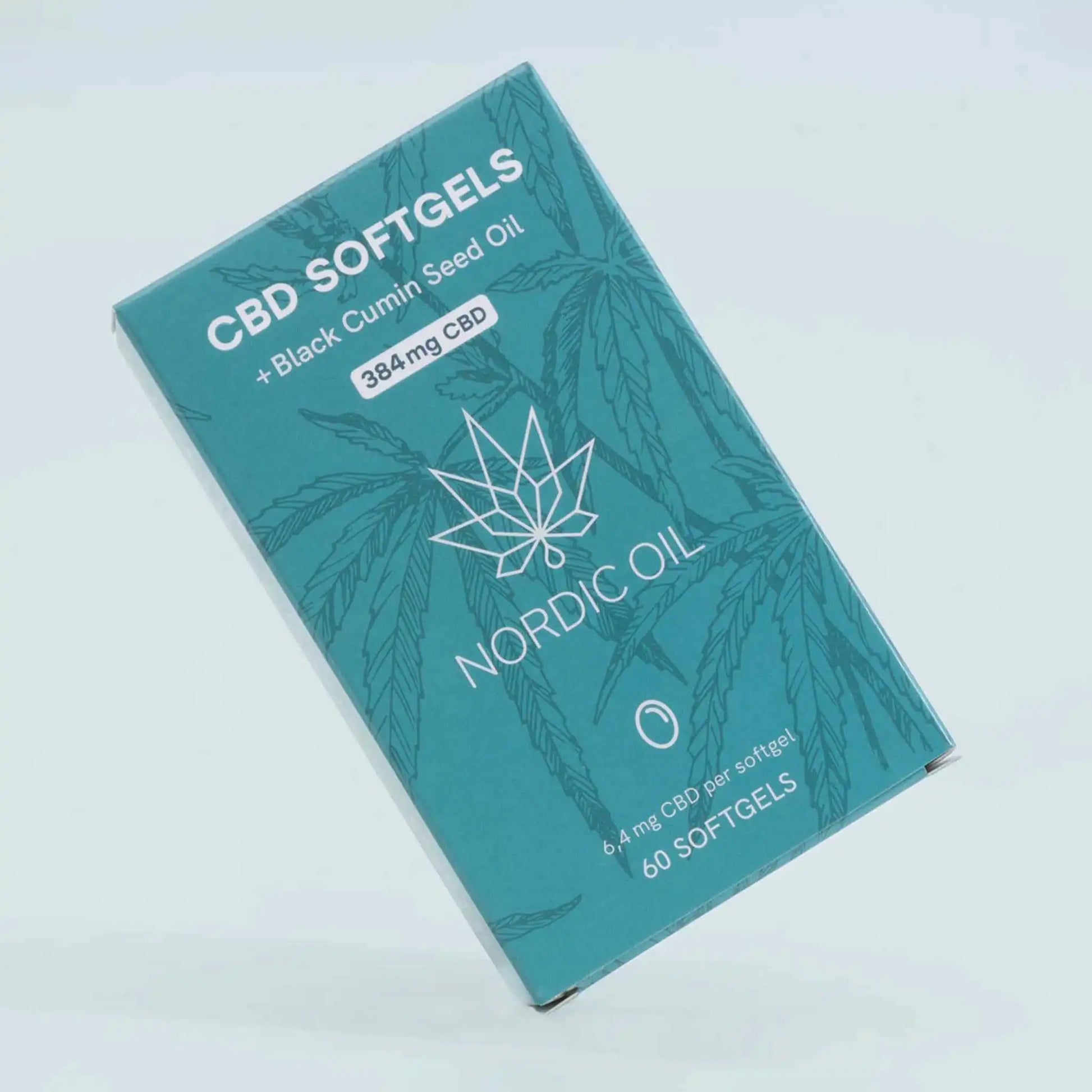 CBD-kapselien (384 mg) pakkaus on vasemmassa reunassa, sinisellä pohjalla.