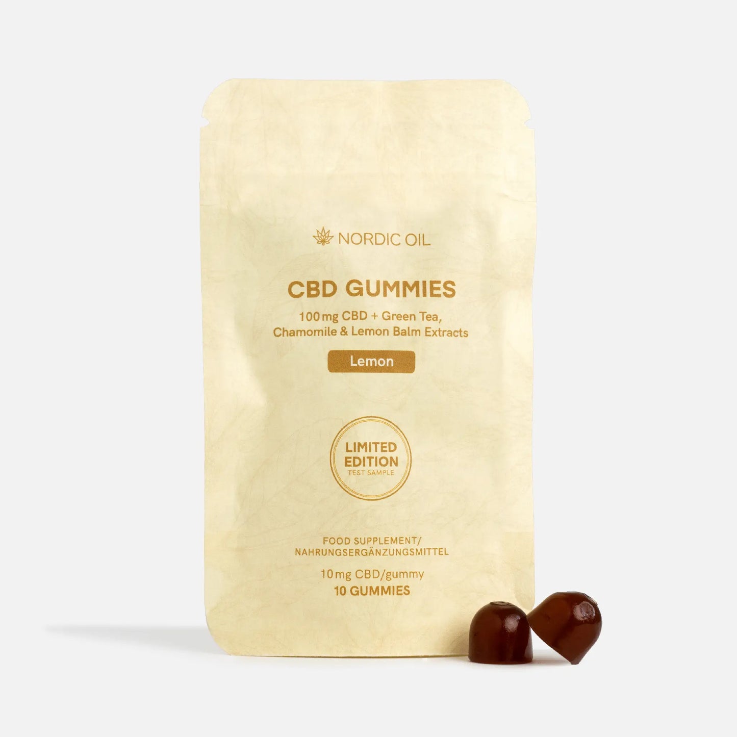 Nordic Oil CBD Gummies - sitruunan makuinen pussi, 100 mg CBD + vihreä tee, kamomilli sekä sitruunamelissan uutteet