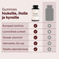 Nordic Oilin Hair, Skin & Nails -gummipurkki ja vertailutaulukko, jossa korostetaan biotiinia, luonnollisia uutteita ja vitamiineja