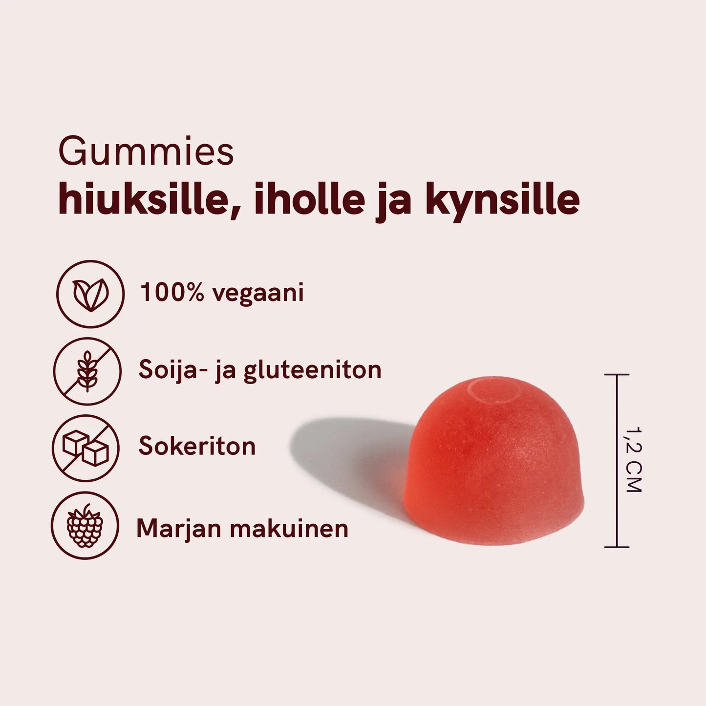 Gummies hiuksille, iholle ja kynsille – 100% vegaani, soija- ja gluteeniton, sokeriton, marjan makuinen.