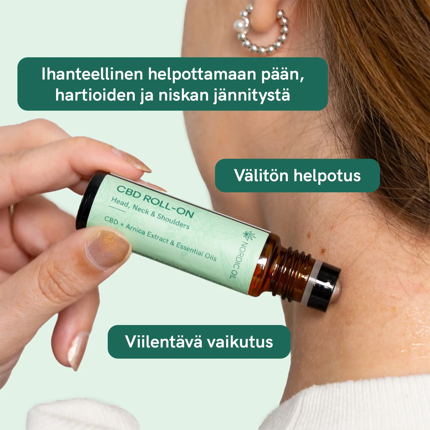 CBD-roll-onia levitetään niskaan ja hartioille; kuvassa näkyvät tekstit: Ihanteellinen helpottamaan pää, hartioiden ja niskan jännitystä, Välitön helpotus ja Viilentävä vaikutus.