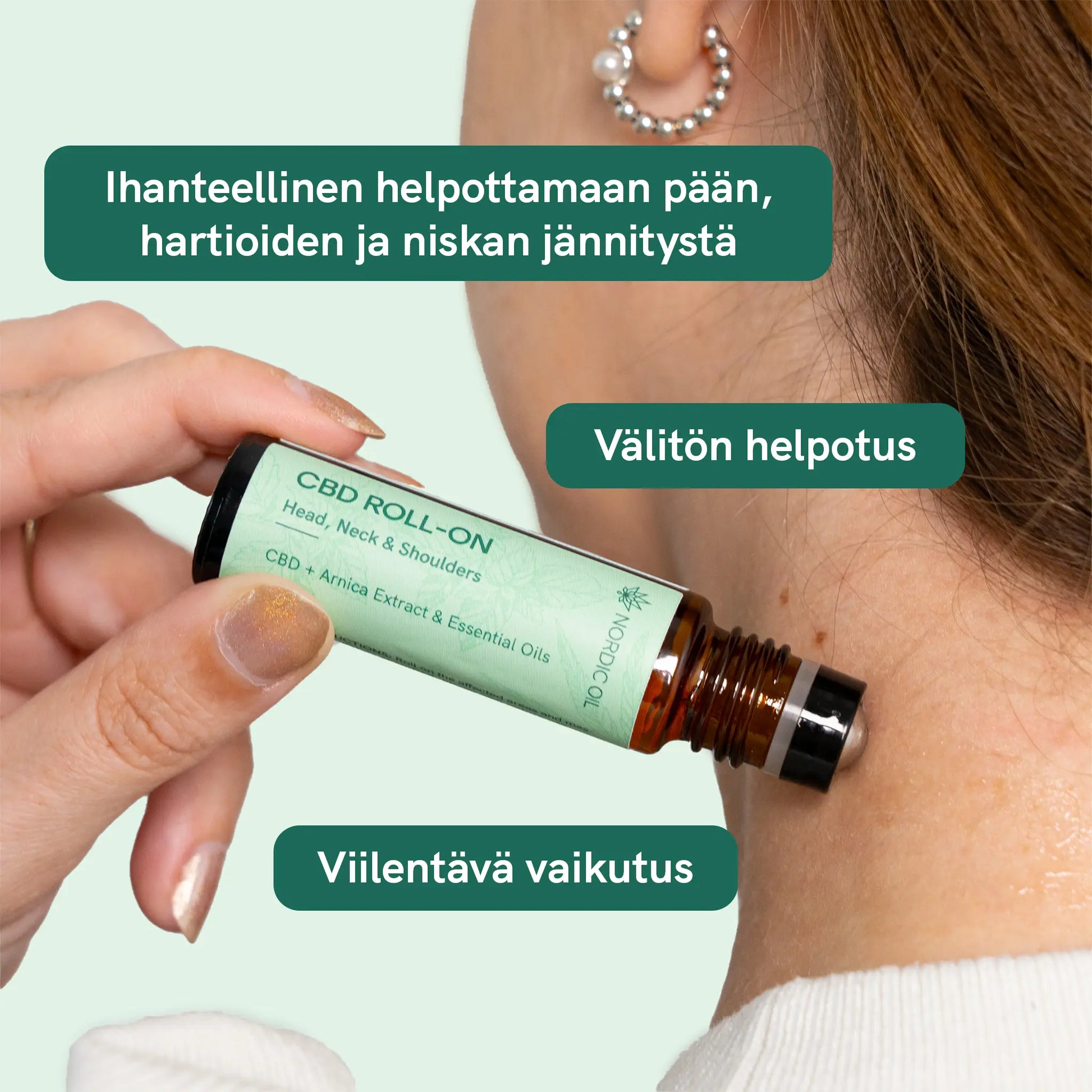 CBD-roll-onia levitetään niskaan ja hartioille; kuvassa näkyvät tekstit: Ihanteellinen helpottamaan pää, hartioiden ja niskan jännitystä, Välitön helpotus ja Viilentävä vaikutus.