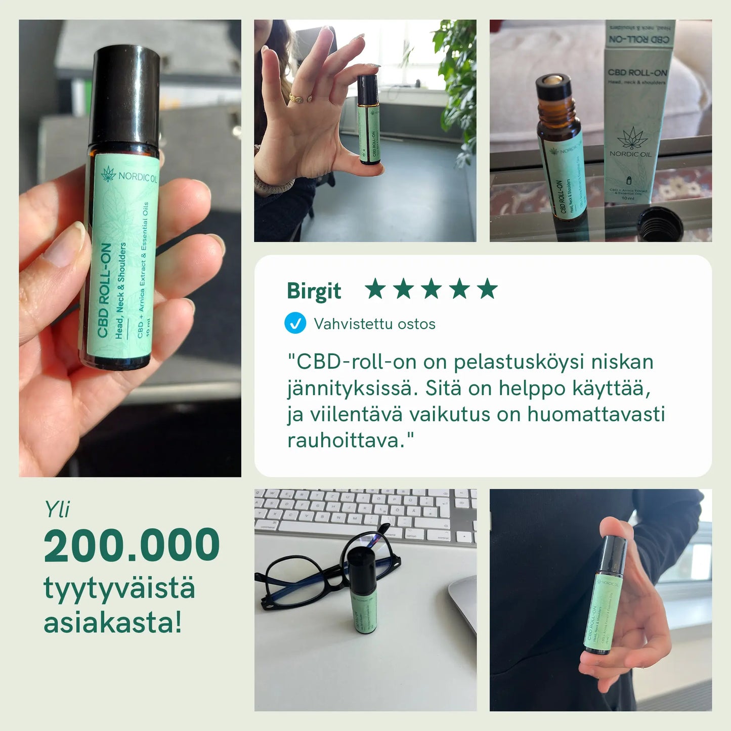Kollaasikuva Nordic Oilin CBD Roll-On -tuotteesta, jossa näkyy pullon kuvia sekä asiakasarvioita.