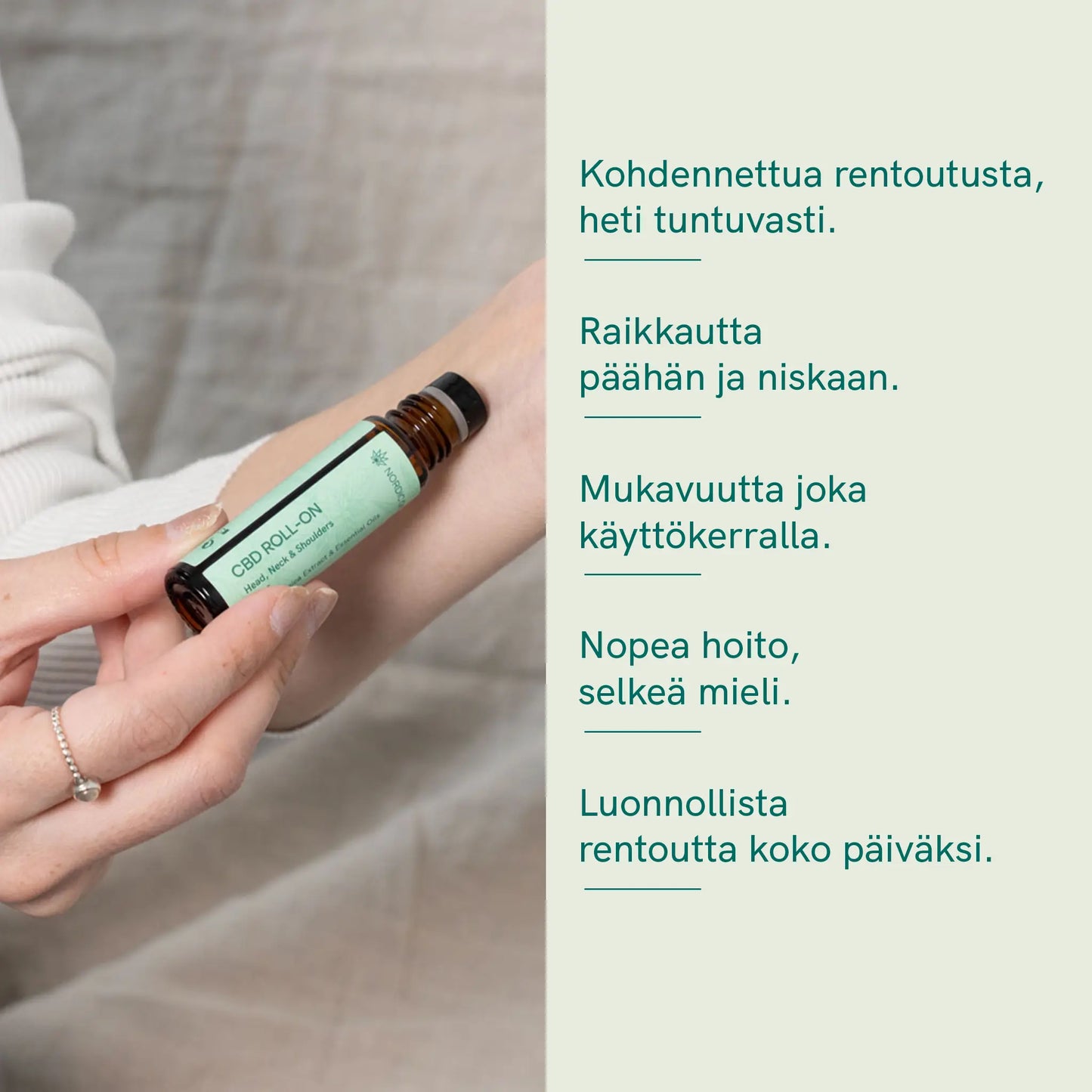CBD-roll-on-pullo kädessä, levitetään käsivarrelle.