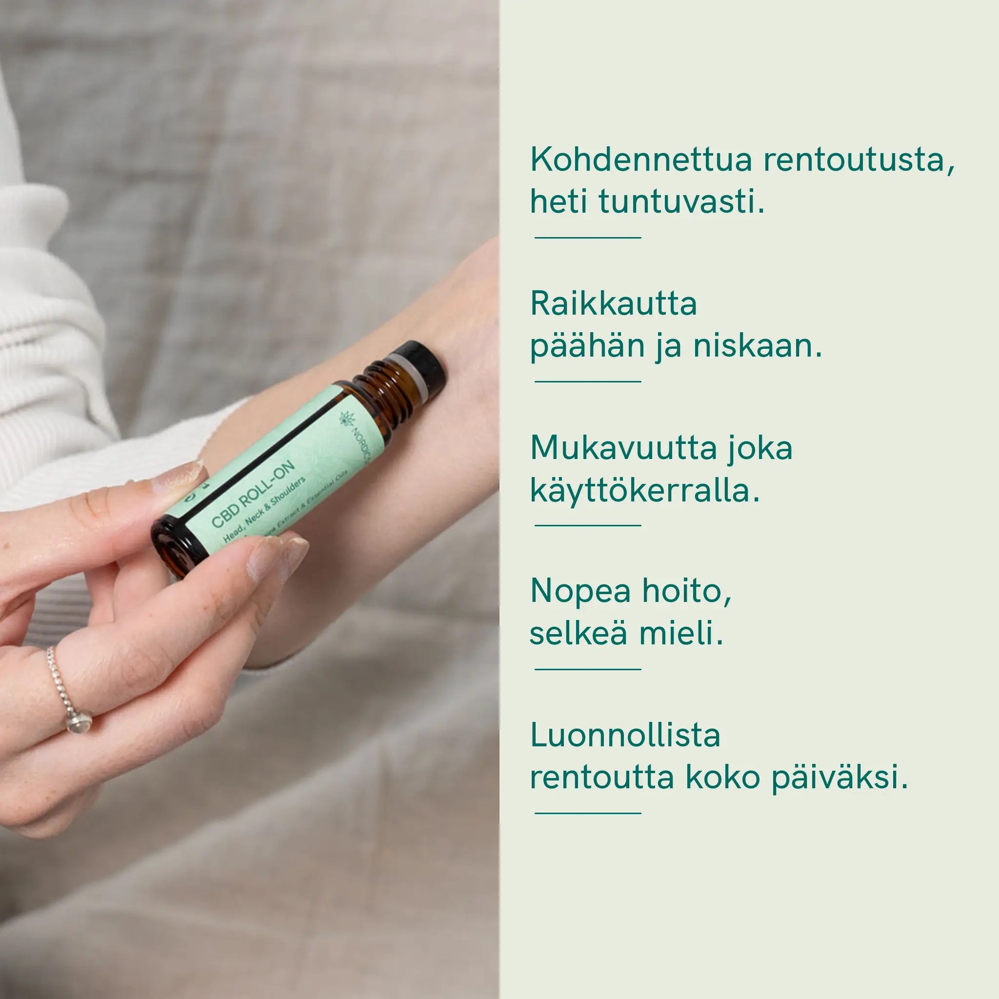 CBD-roll-on-pullo kädessä, levitetään käsivarrelle.