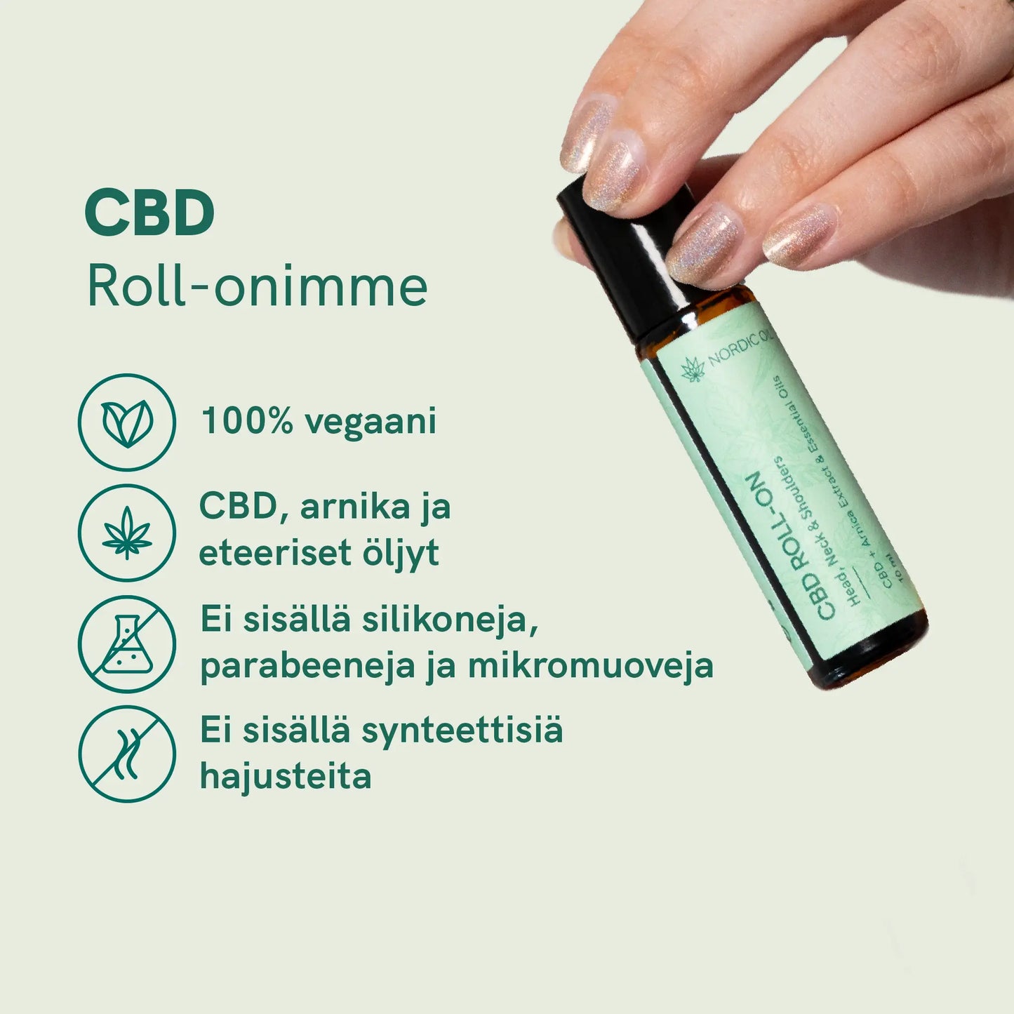 CBD Roll-on -pullon kuva kädessä, vihreä etiketti; ominaisuudet: 100% vegaani, CBD, arnika ja eteeriset öljyt, ei silikoneja, parabeneja tai mikromuoveja eikä synteettisiä hajusteita