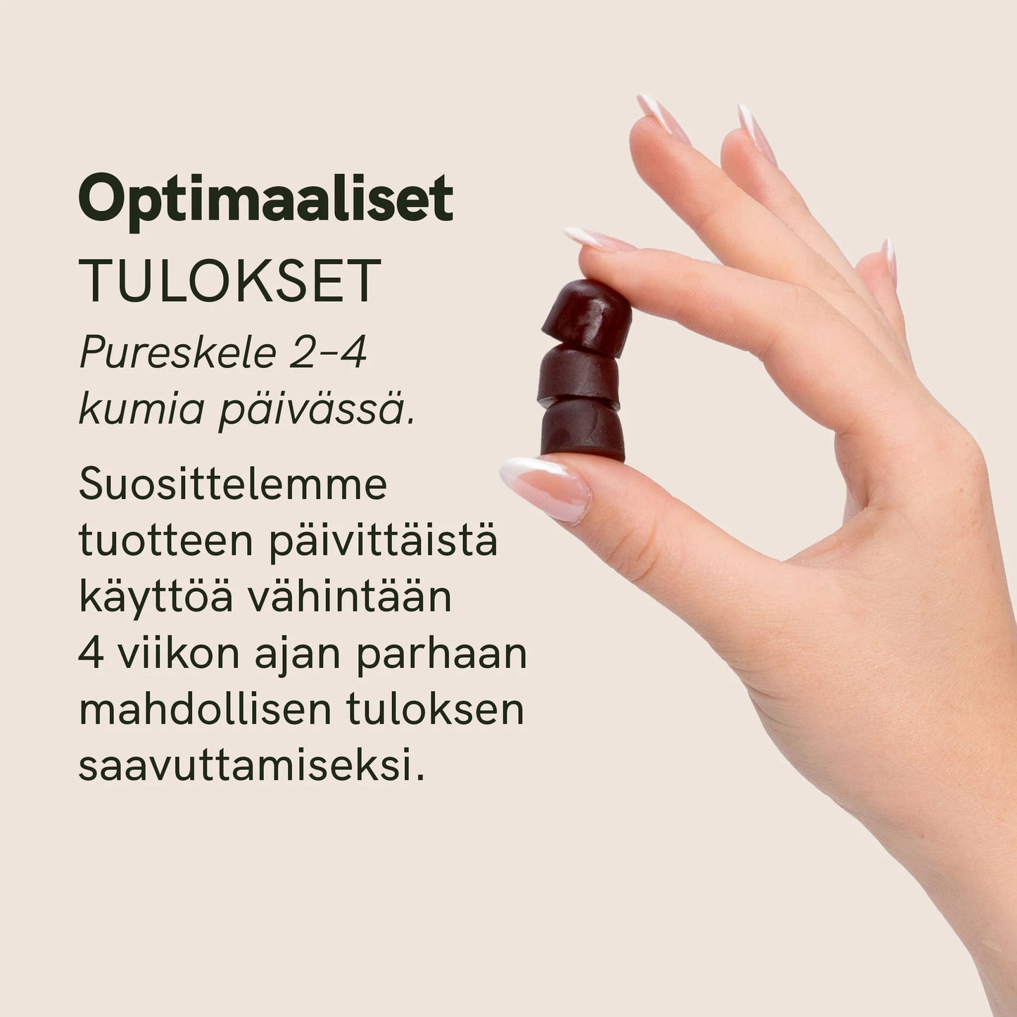 Käsi, joka pitää kolmea tummaa purukumia pinossa mainoskuvassa; vasemmalla näkyy teksti 'Optimaaliset tulokset'.