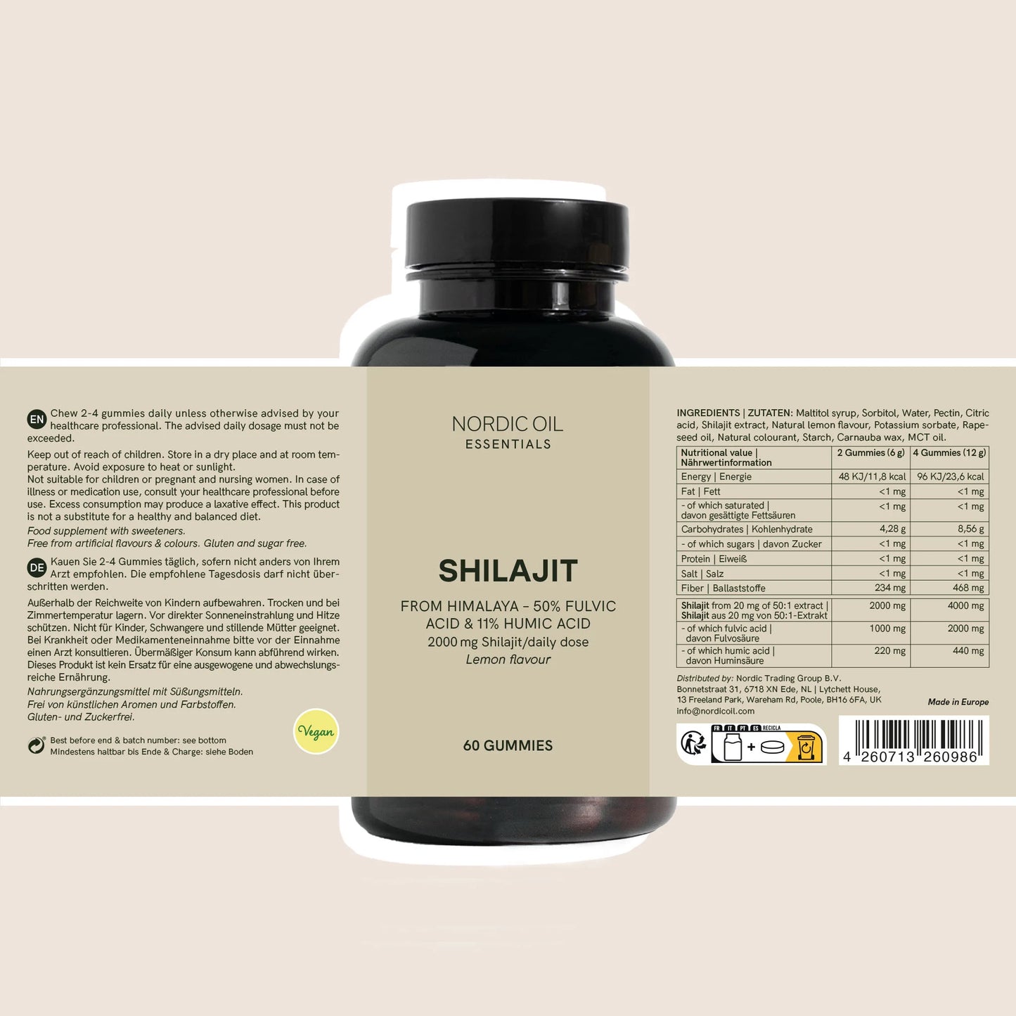 Nordic Oil Shilajit purutable gummies, sitruunan maku, vegaaninen, 60 kappaletta