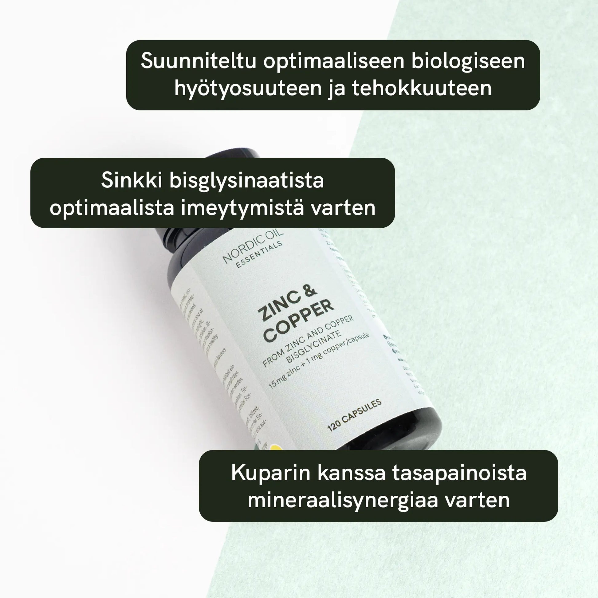 Nordic Oilin sinkki- ja kuparilisäpullo, etiketissä lukee Zinc & Copper.