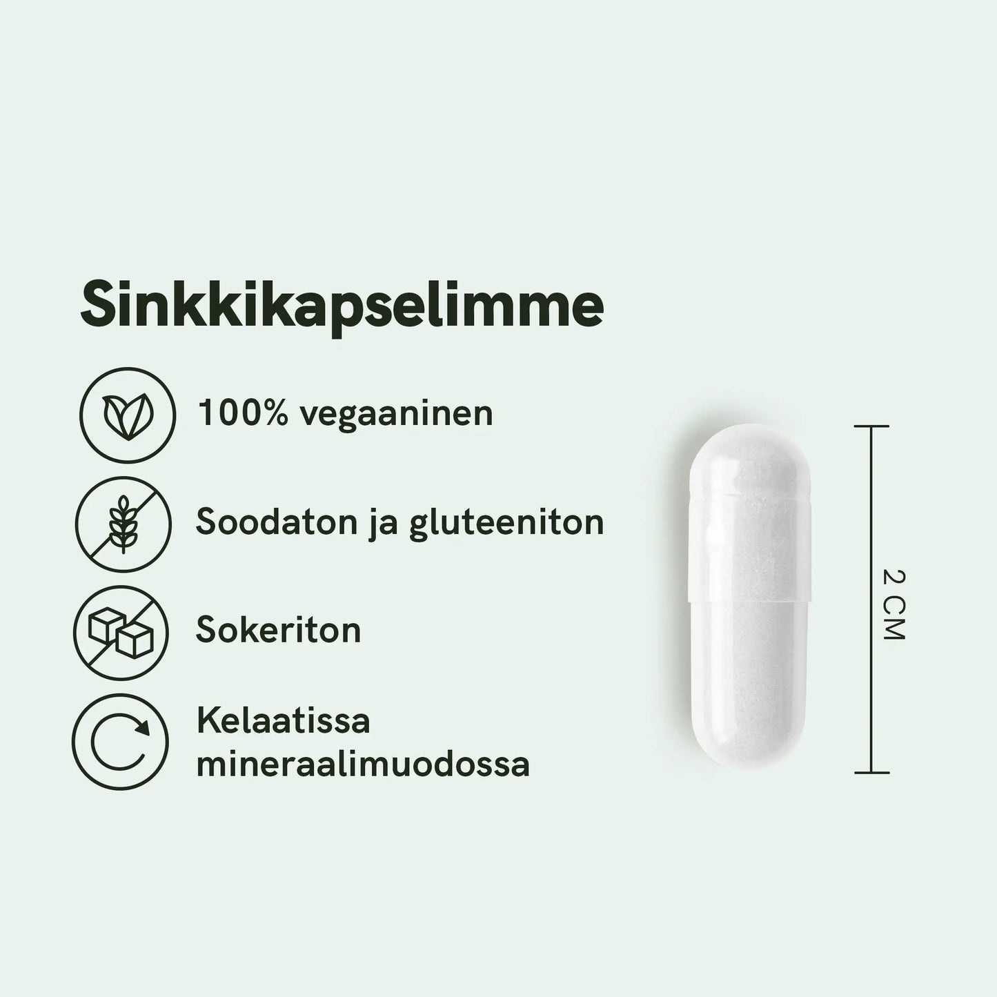 Sinkkikapselimme: 100% vegaaninen, soodaton ja gluteeniton, sokeriton, kelatoituna mineraalimuodossa