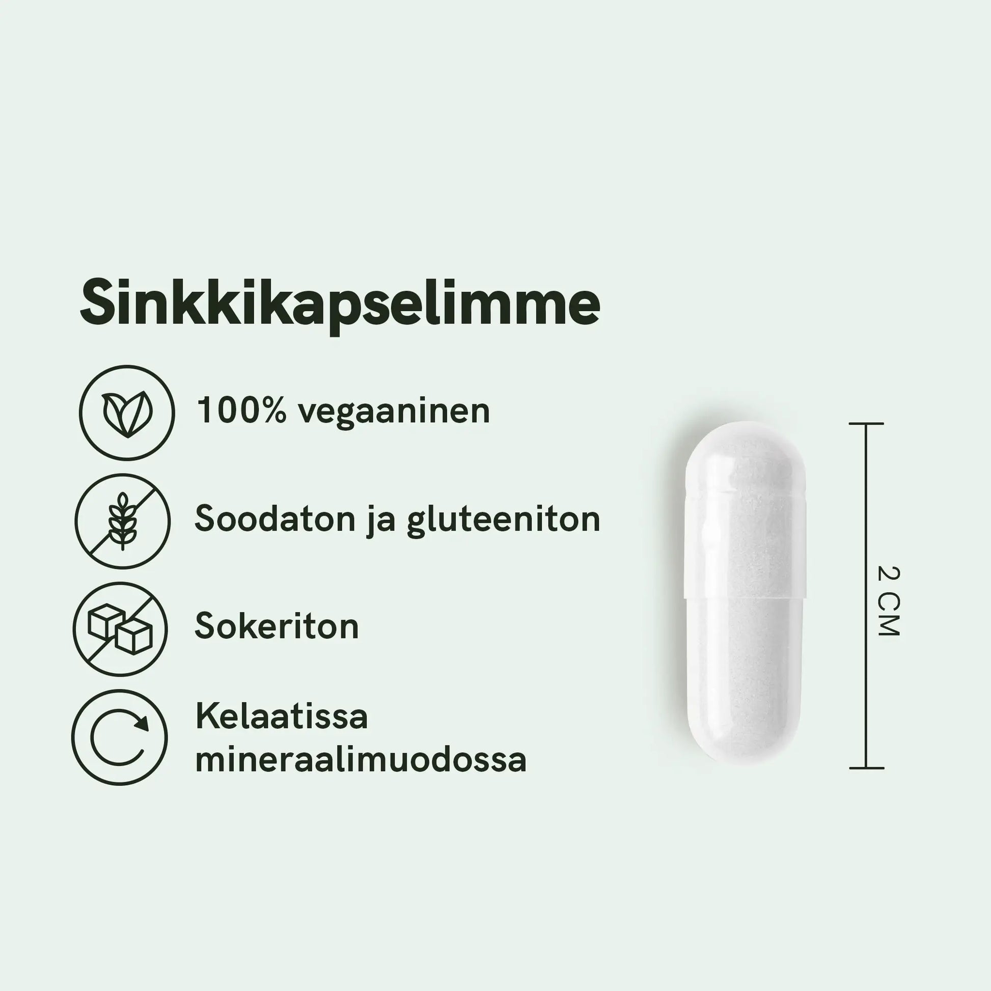 Sinkkikapselimme: 100% vegaaninen, soodaton ja gluteeniton, sokeriton, kelatoituna mineraalimuodossa